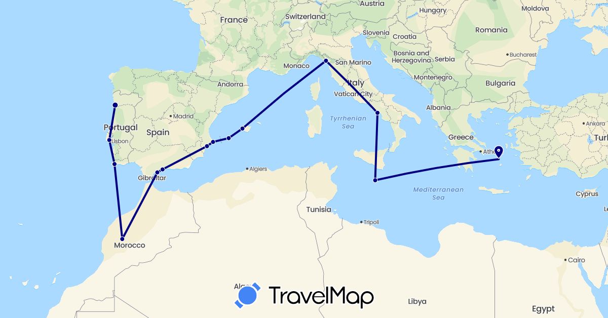 TravelMap itinerary: driving in Spain, Greece, Italy, Morocco, Malta, Portugal (Africa, Europe)