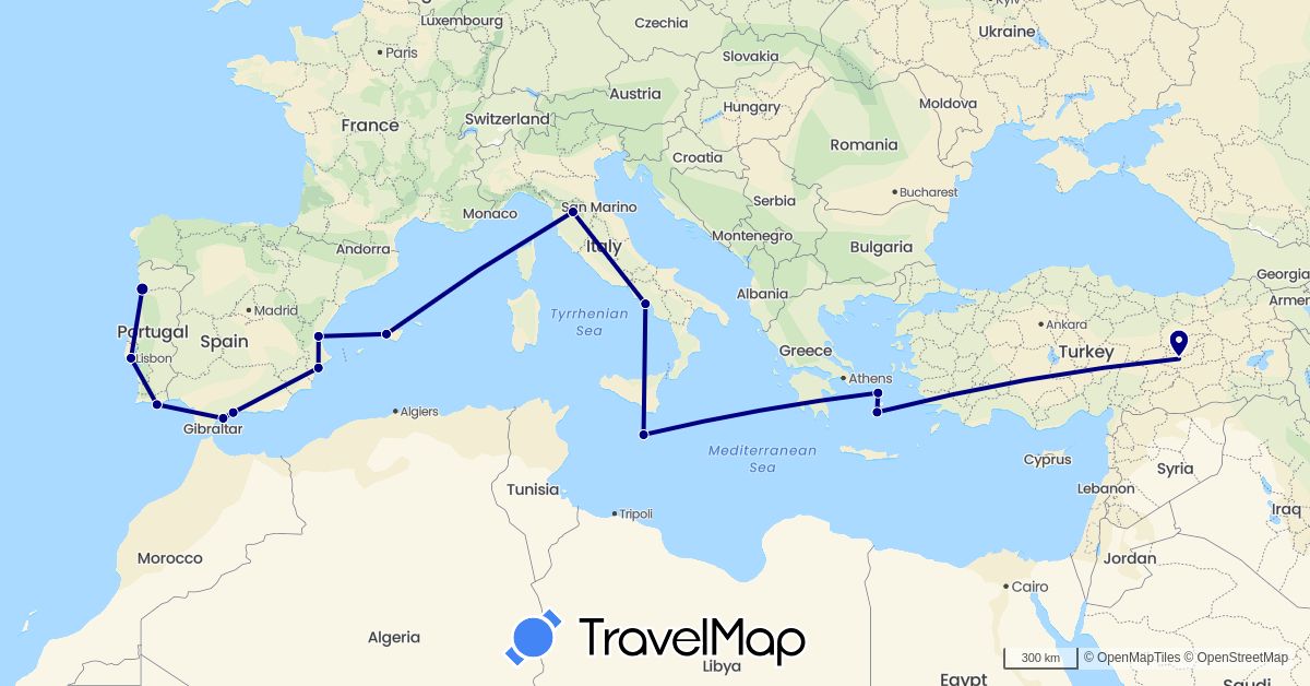 TravelMap itinerary: driving in Spain, Greece, Italy, Malta, Portugal, Turkey (Asia, Europe)